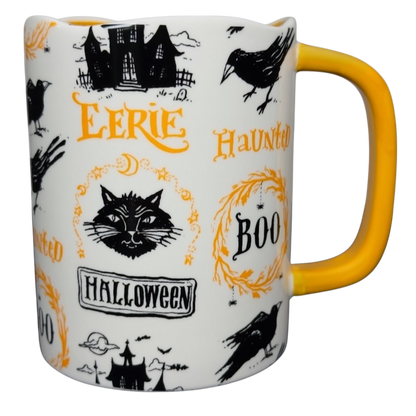 Angela Staehling Halloween collectible mug white ceramic with black orange spooky cat crows yellow handle