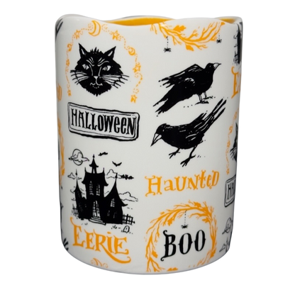 Angela Staehling Halloween collectible mug white ceramic with orange interior vintage black cat ravens haunted house graphics