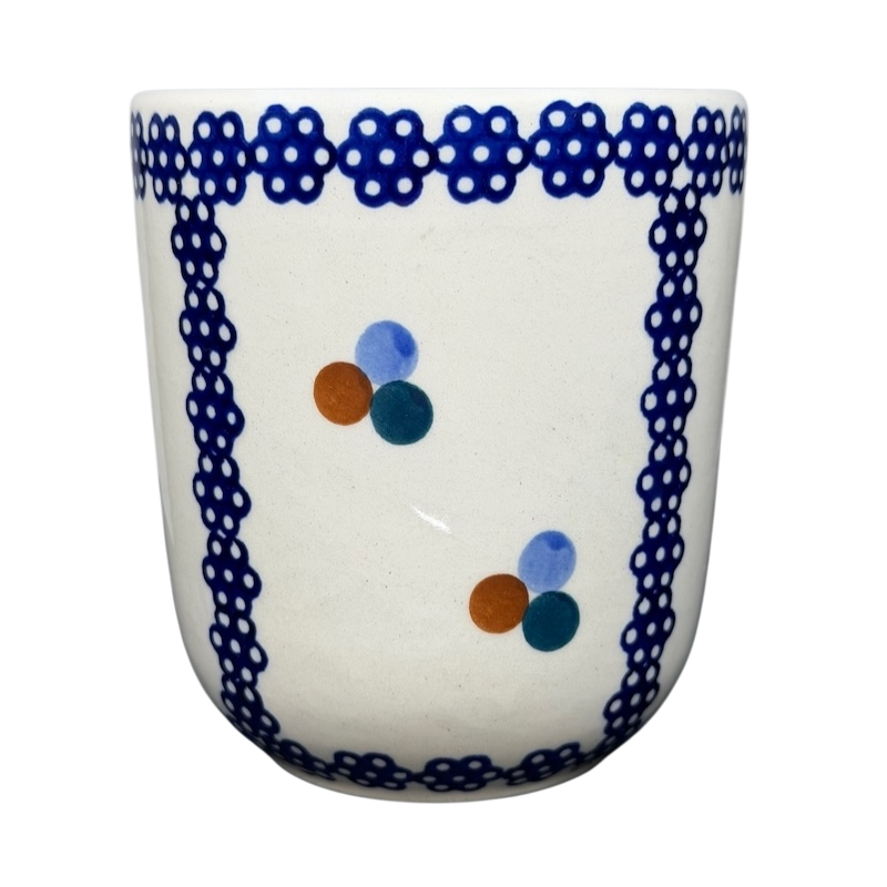 Polish Pottery Boleslawiec Blue Geometric Circles Mug Manufaktura with colorful dots and flower design