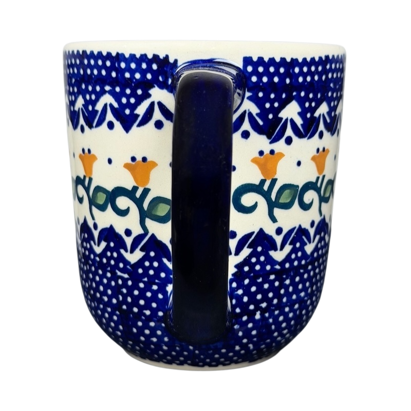Polish Pottery Boleslawiec Blue Polka Dot & Orange Tulip Mug Manufaktura featuring intricate floral designs
