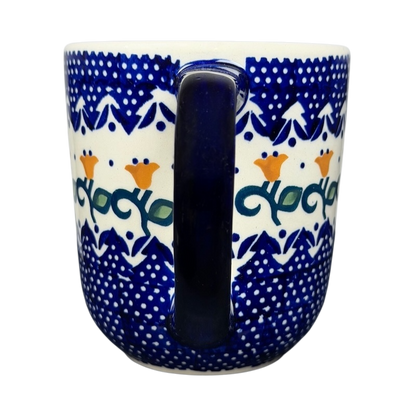 Polish Pottery Boleslawiec Blue Polka Dot & Orange Tulip Mug Manufaktura featuring intricate floral designs
