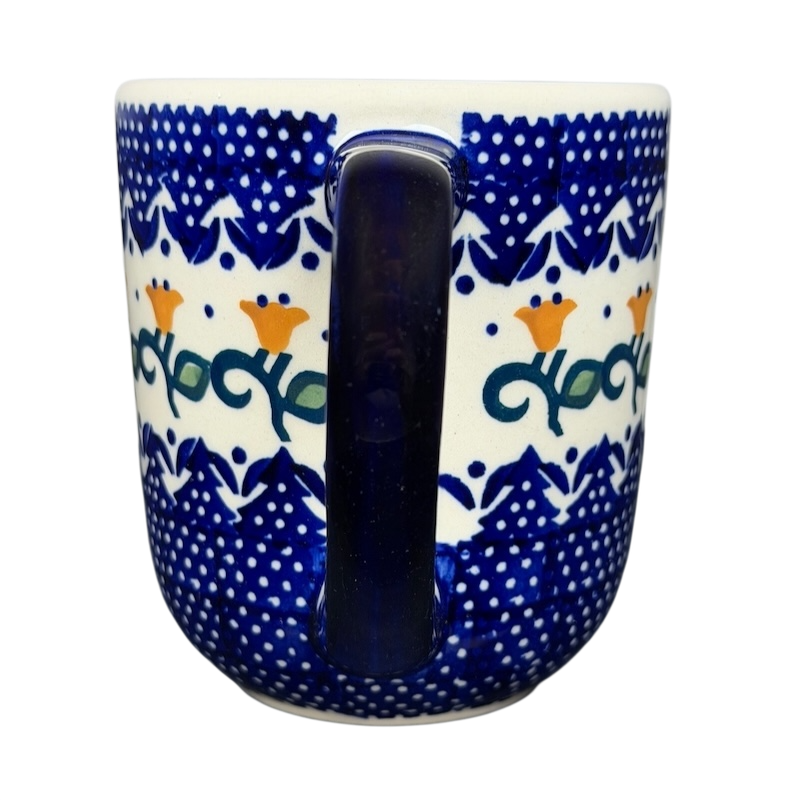 Polish Pottery Boleslawiec Blue Polka Dot & Orange Tulip Mug Manufaktura with intricate patterns and a sturdy handle