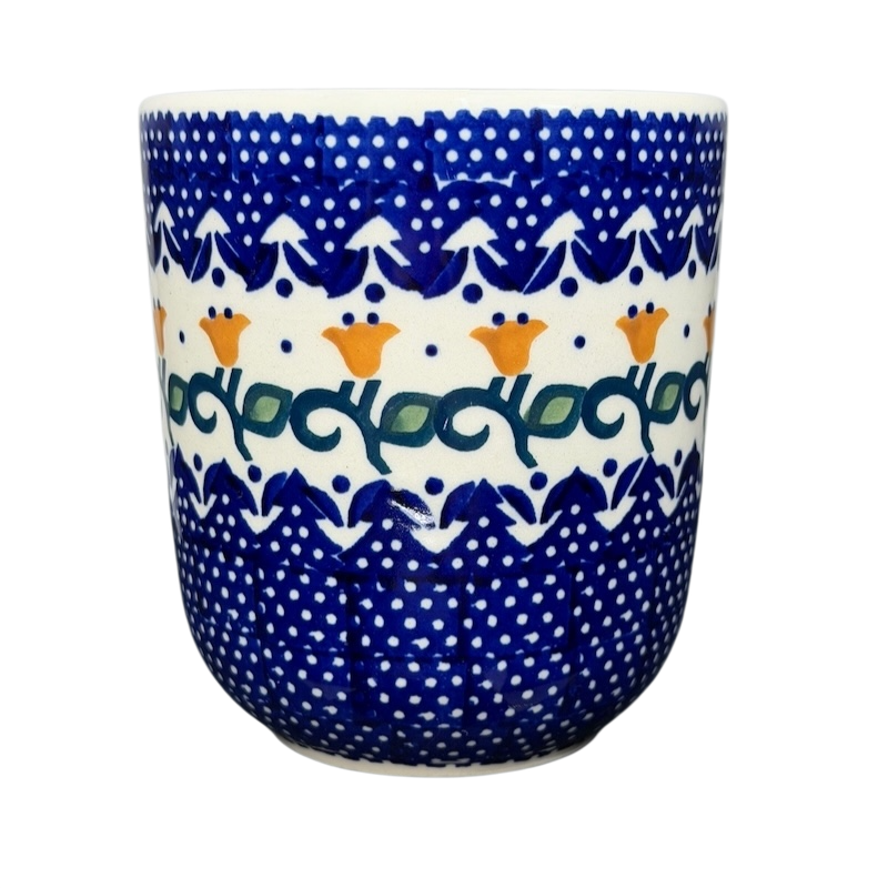Polish Pottery Boleslawiec Blue Polka Dot & Orange Tulip Mug Manufaktura with intricate designs