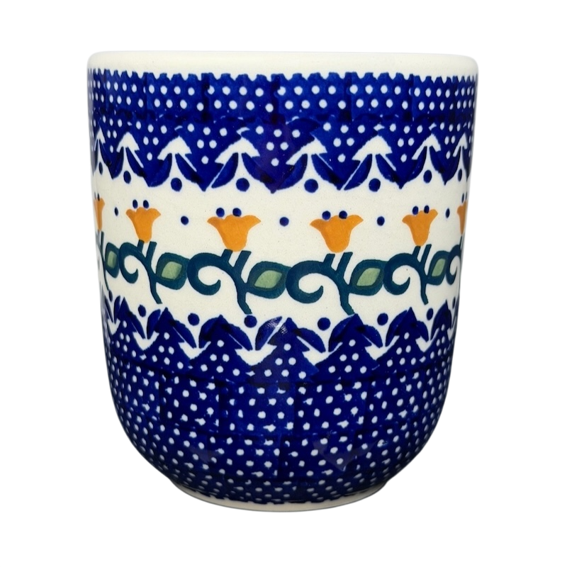 Polish Pottery Boleslawiec Blue Polka Dot & Orange Tulip Mug Manufaktura with floral design and vibrant colors