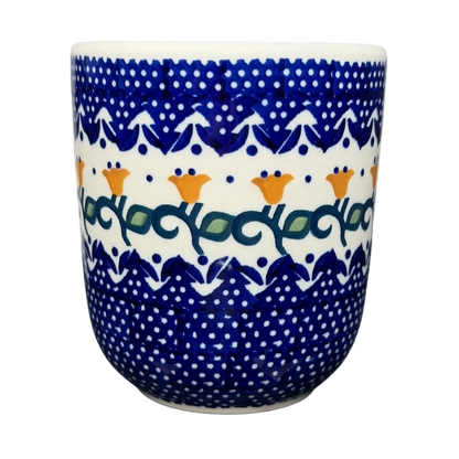 Polish Pottery Boleslawiec Blue Polka Dot & Orange Tulip Mug Manufaktura with floral design and vibrant colors