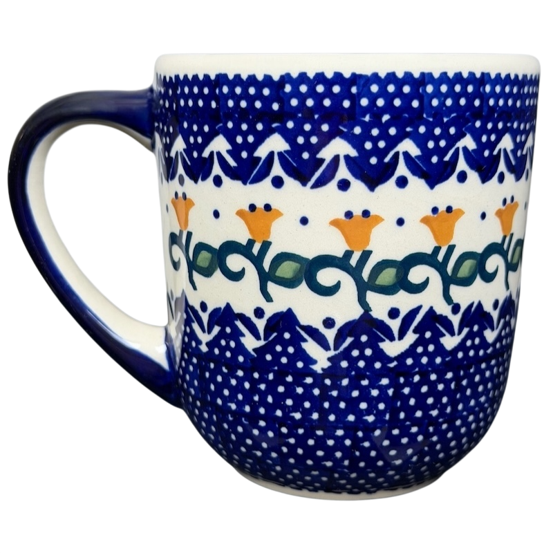 Polish Pottery Boleslawiec Blue Polka Dot & Orange Tulip Mug Manufaktura with intricate floral design