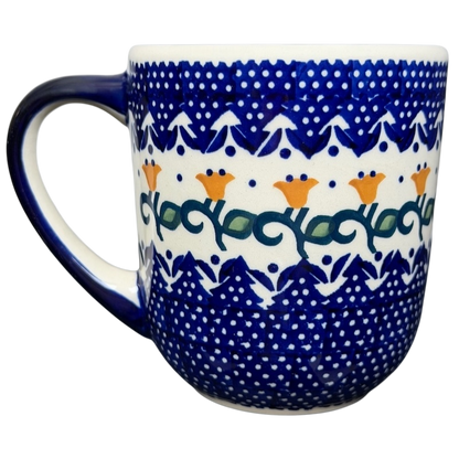 Polish Pottery Boleslawiec Blue Polka Dot & Orange Tulip Mug Manufaktura with intricate floral design