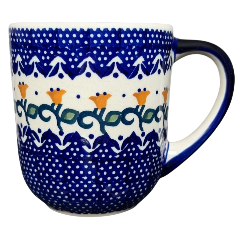Polish Pottery Boleslawiec Blue Polka Dot & Orange Tulip Mug Manufaktura with intricate pattern and comfortable handle