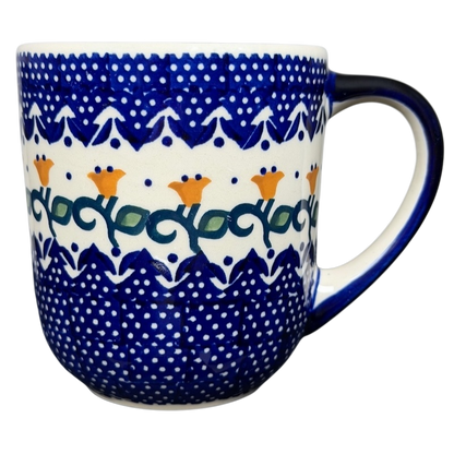 Polish Pottery Boleslawiec Blue Polka Dot & Orange Tulip Mug Manufaktura with intricate pattern and comfortable handle