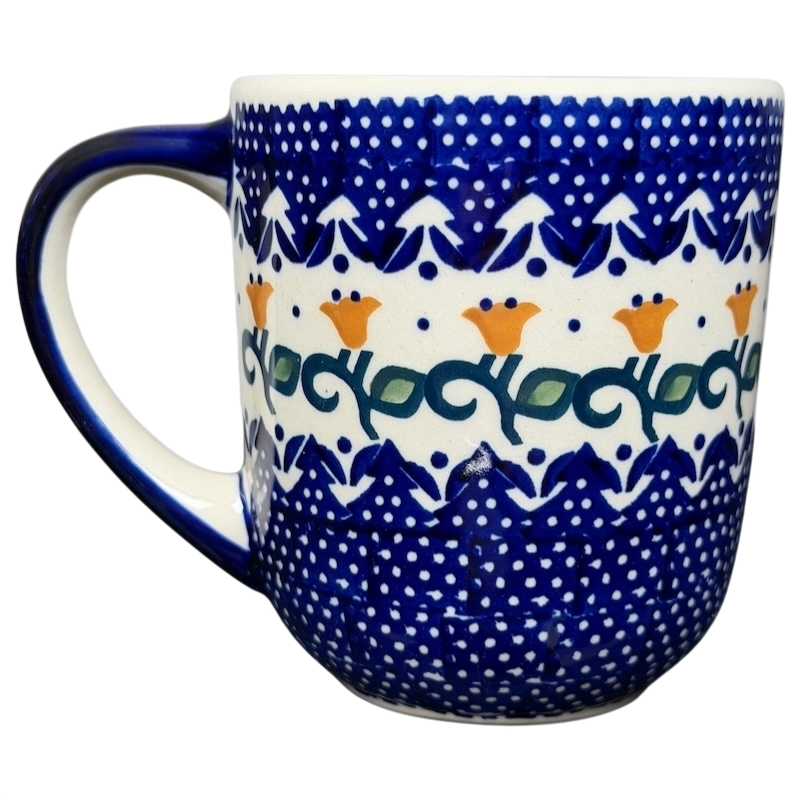 Polish Pottery Boleslawiec Blue Polka Dot & Orange Tulip Mug Manufaktura with intricate patterns
