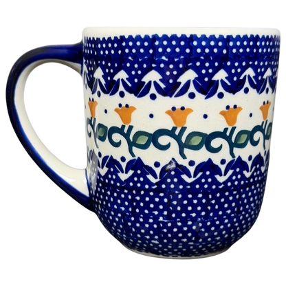 Polish Pottery Boleslawiec Blue Polka Dot & Orange Tulip Mug Manufaktura with intricate patterns