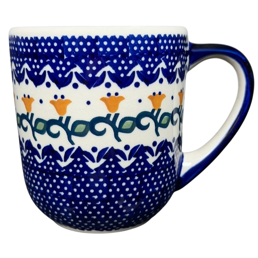 Polish Pottery Boleslawiec Blue Polka Dot & Orange Tulip Mug Manufaktura with detailed floral design