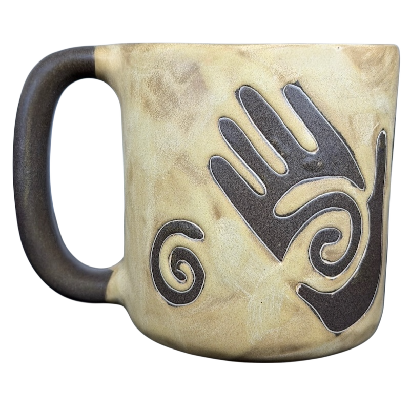 Mara Mexico Hopi healing hand collectible mug featuring unique hand and spiral designs