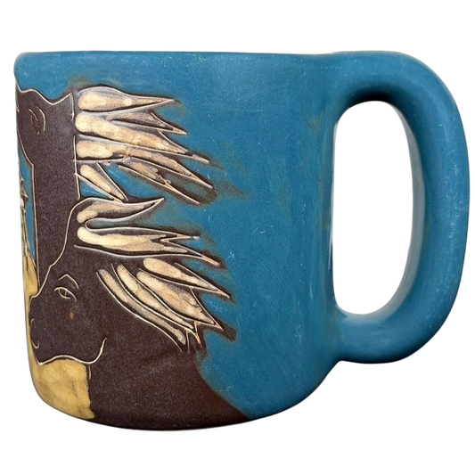 Mara Mexico pottery mug horse with vibrant blue background and horse design, perfect for rustic decor