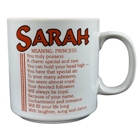 Sarah vintage name poetry mug white ceramic with large orange SARAH title and printed meaning poem by Papel