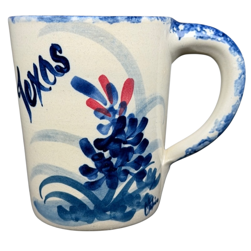 Texas Bluebonnet Pottery Mug Marshall Brand with Hand-Painted Floral Design in Blue and Red