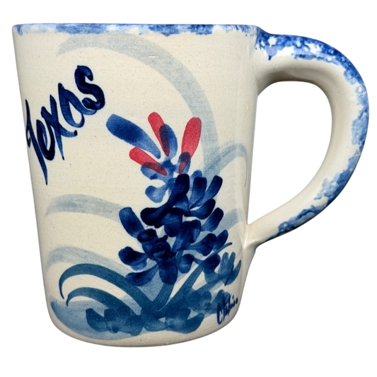 Texas Bluebonnet Pottery Mug Marshall Brand with Hand-Painted Floral Design in Blue and Red