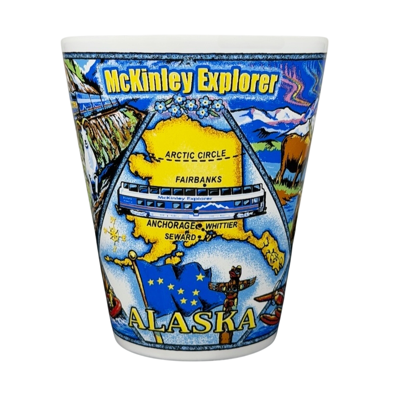 Colorful McKinley Explorer Alaska mug featuring landmarks and wildlife illustrations