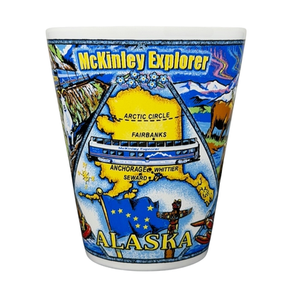 Colorful McKinley Explorer Alaska mug featuring landmarks and wildlife illustrations