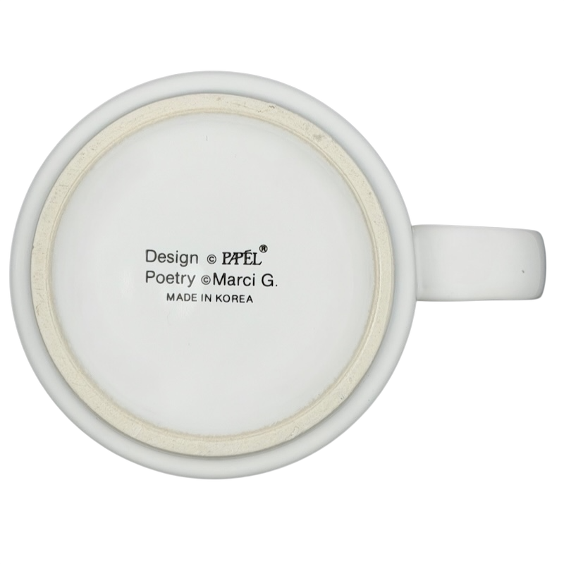 Bottom view of the MICHELLE Poetry Name Mug Papel showing design details and Made in Korea label