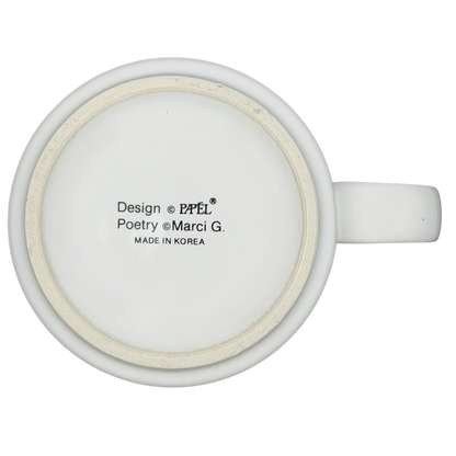 Bottom view of the MICHELLE Poetry Name Mug Papel showing design details and Made in Korea label