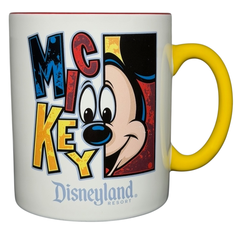 Disney Mickey Mouse Disneyland graphic font mug featuring colorful lettering and a playful Mickey design