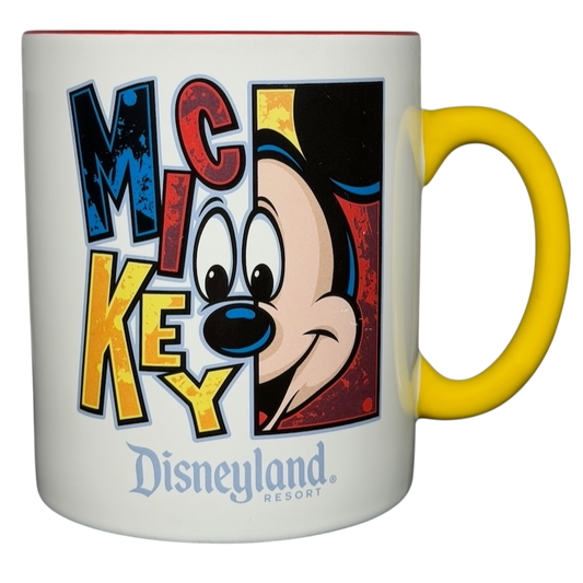 Disney Mickey Mouse Disneyland graphic font mug featuring colorful lettering and a playful Mickey design