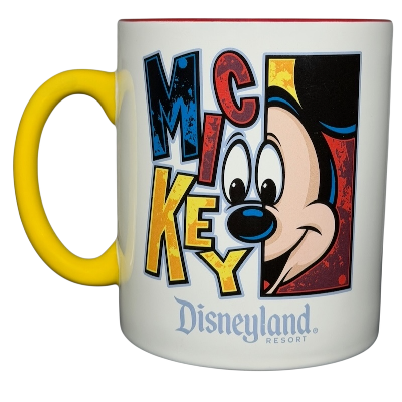 Mickey Mouse Disneyland graphic font mug with colorful design and yellow handle