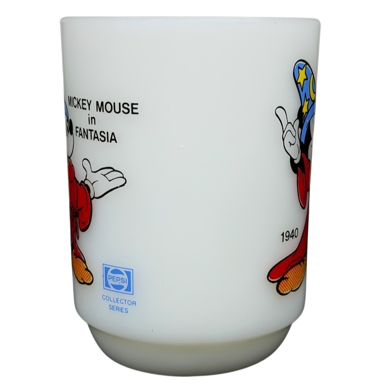 Mickey Mouse Fantasia Pepsi milk glass mug featuring colorful graphics and collector series design
