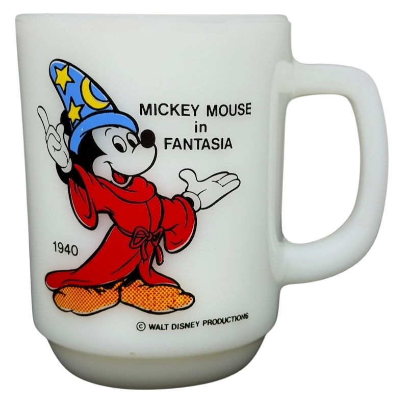 Mickey Mouse Fantasia Pepsi milk glass mug featuring Mickey in a wizard hat and robe design