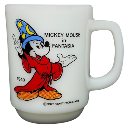 Mickey Mouse Fantasia Pepsi milk glass mug featuring Mickey in a wizard hat and robe design