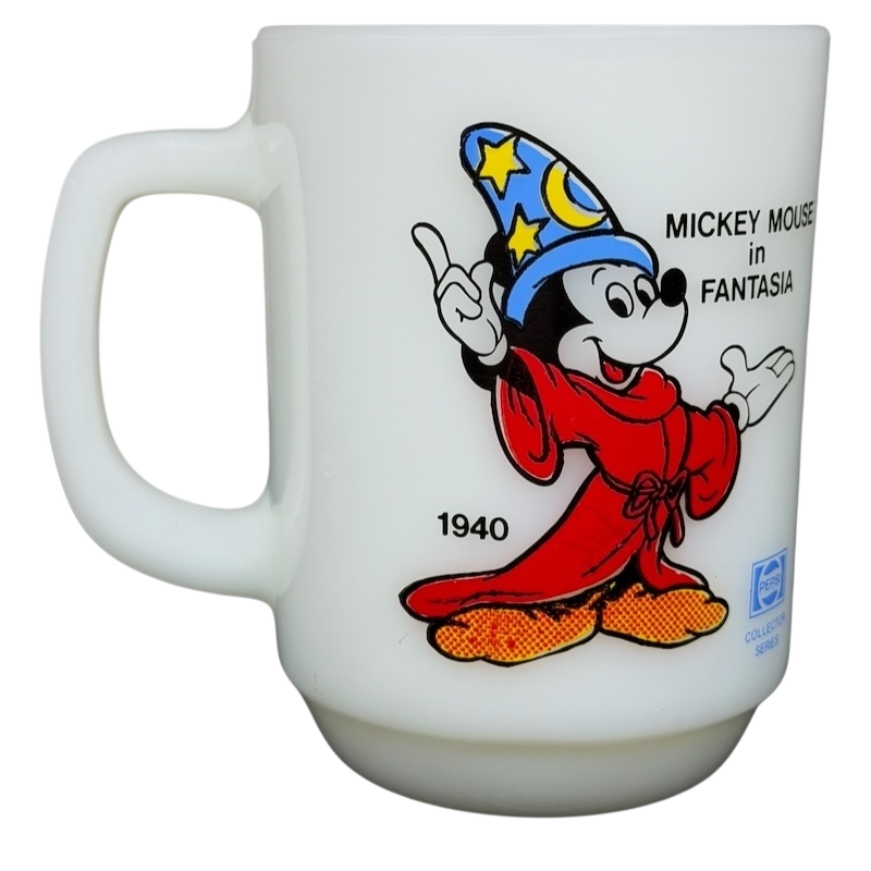 Mickey Mouse Fantasia Pepsi milk glass mug featuring Mickey in a wizard hat and robe from 1940
