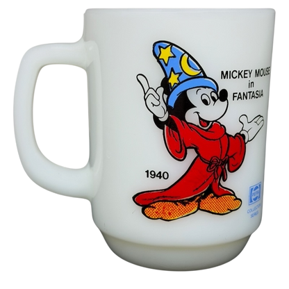 Mickey Mouse Fantasia Pepsi milk glass mug featuring Mickey in a wizard hat and robe from 1940
