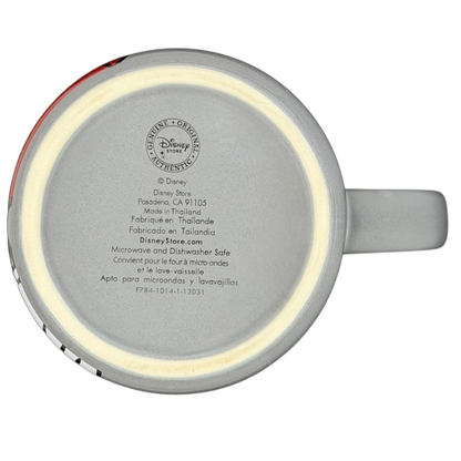 Bottom view of Mickey Mouse MM gray mug with branding, microwave and dishwasher safe label