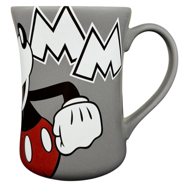 Disney Mickey Mouse MM gray mug featuring a classic Mickey design with vibrant colors