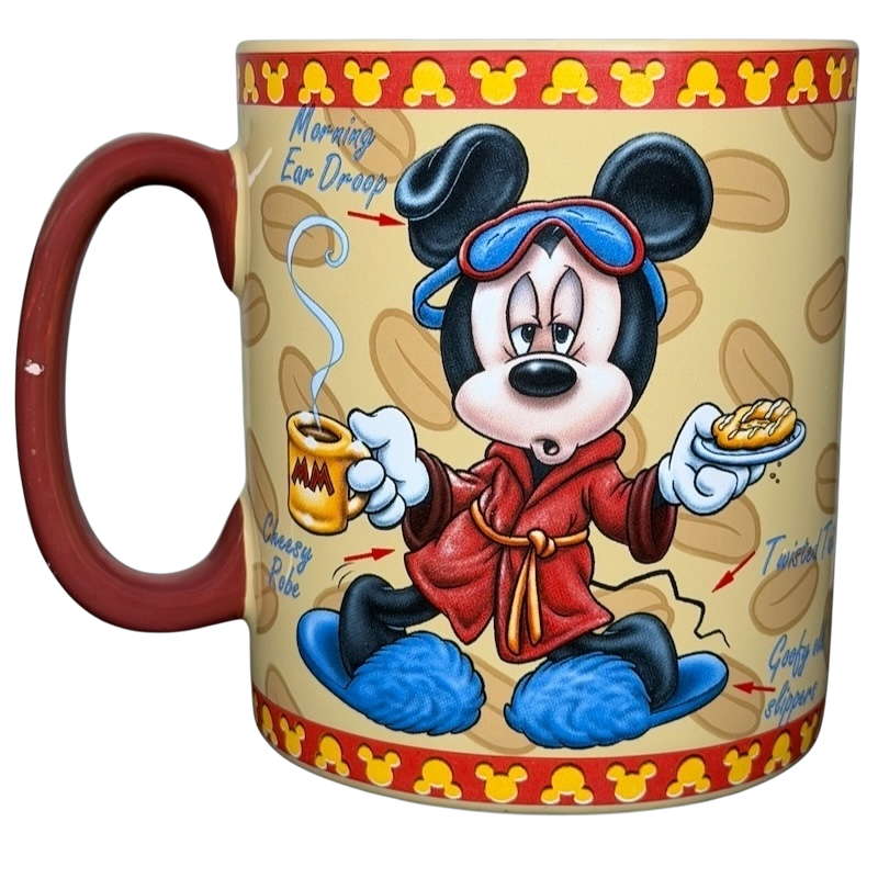 Disney Mickey Mouse Mornings Aren't Pretty jumbo mug featuring Mickey in a robe with a coffee cup and waffles