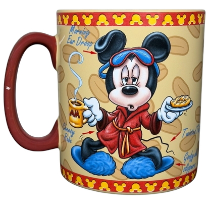 Disney Mickey Mouse Mornings Aren't Pretty jumbo mug featuring Mickey in a robe with a coffee cup and waffles