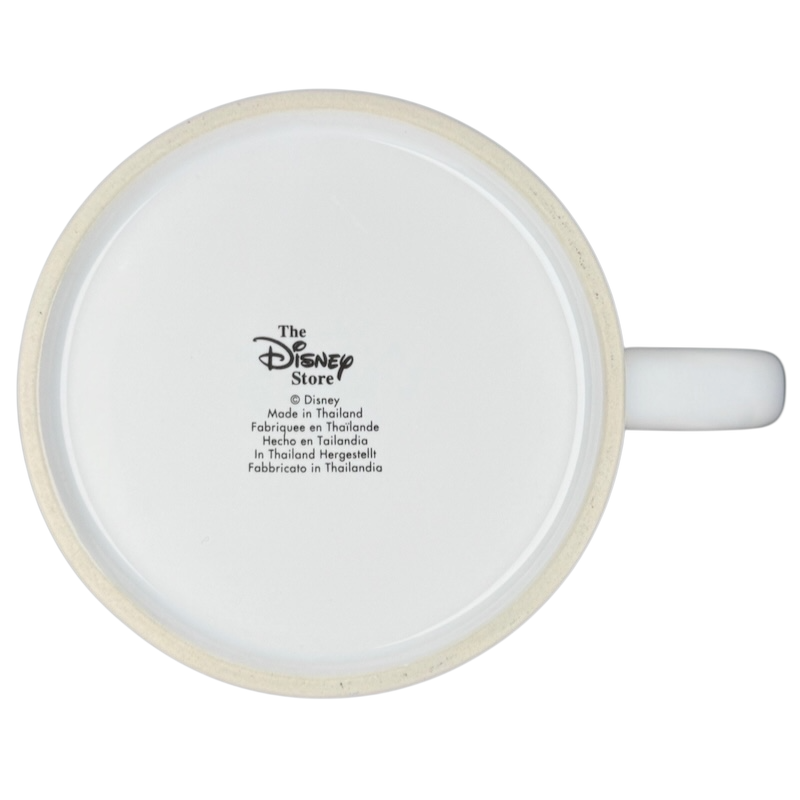 Bottom view of Disney Mickey Mouse & Pluto Mornings coffee mug showcasing brand details