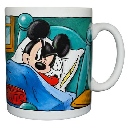 Disney Mickey Mouse & Pluto Mornings coffee mug featuring Mickey in bed with Pluto's dog bowl
