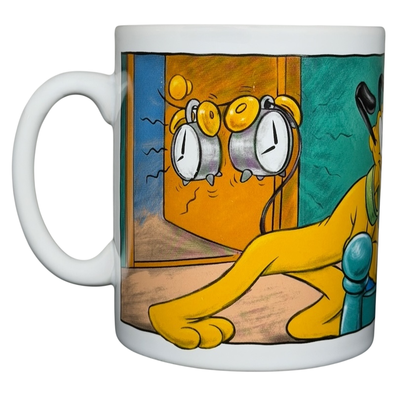 Disney Mickey Mouse & Pluto Mornings coffee mug featuring Pluto with alarm clocks