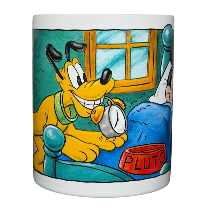 Disney Mickey Mouse & Pluto Mornings coffee mug featuring Pluto waking up Mickey with an alarm clock