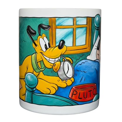 Disney Mickey Mouse & Pluto Mornings coffee mug featuring Pluto waking up Mickey with an alarm clock