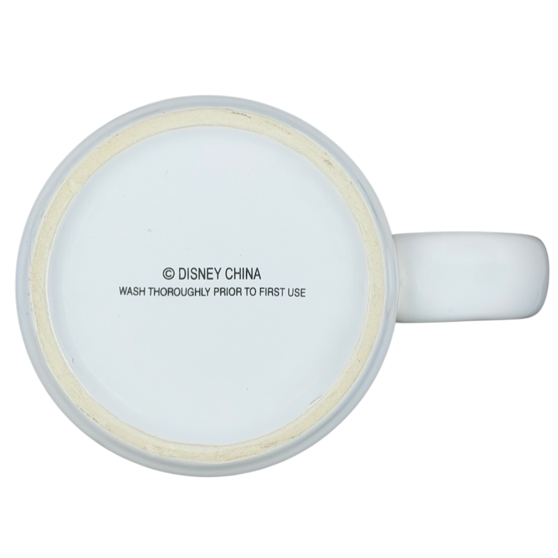 Bottom view of a Mickey Mouse waffle Rise and Shine mug featuring a smooth white finish