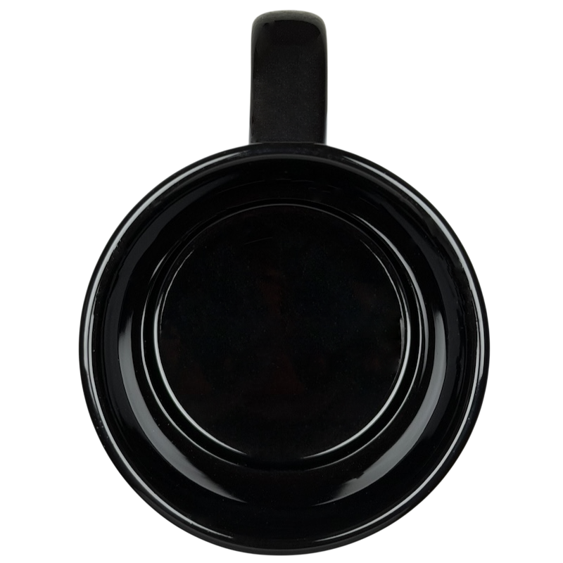 Top view of a black ceramic mug featuring Mickey's Really Swell Coffee Disney Blend Mickey Mouse Mug