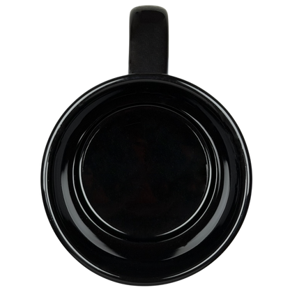 Top view of a black ceramic mug featuring Mickey's Really Swell Coffee Disney Blend Mickey Mouse Mug
