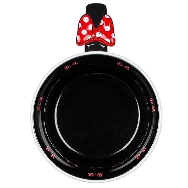 Minnie Mouse 3D bow collectible mug featuring a red polka dot bow handle and black interior