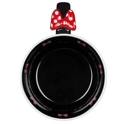 Minnie Mouse 3D bow collectible mug featuring a red polka dot bow handle and black interior