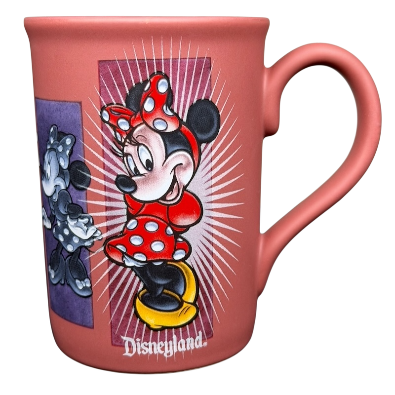Minnie Mouse 5 Poses Disneyland Mug in pink featuring Minnie in various playful poses