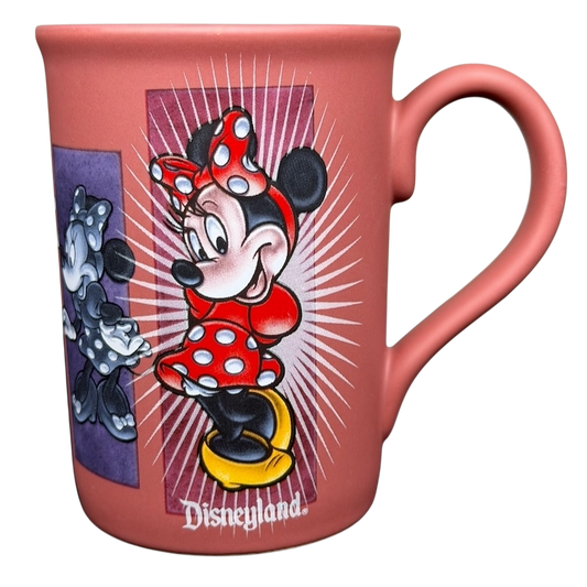 Minnie Mouse 5 Poses Disneyland Mug in pink featuring Minnie in various playful poses