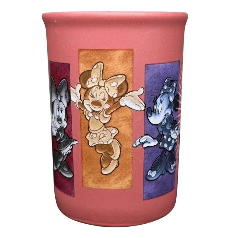 Minnie Mouse 5 Poses Disneyland Mug featuring colorful illustrations of Minnie in various poses